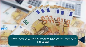 قفزة جديدة.. أسعار اليورو مقابل الجنيه المصري في بداية تعاملات الثلاثاء 19-8